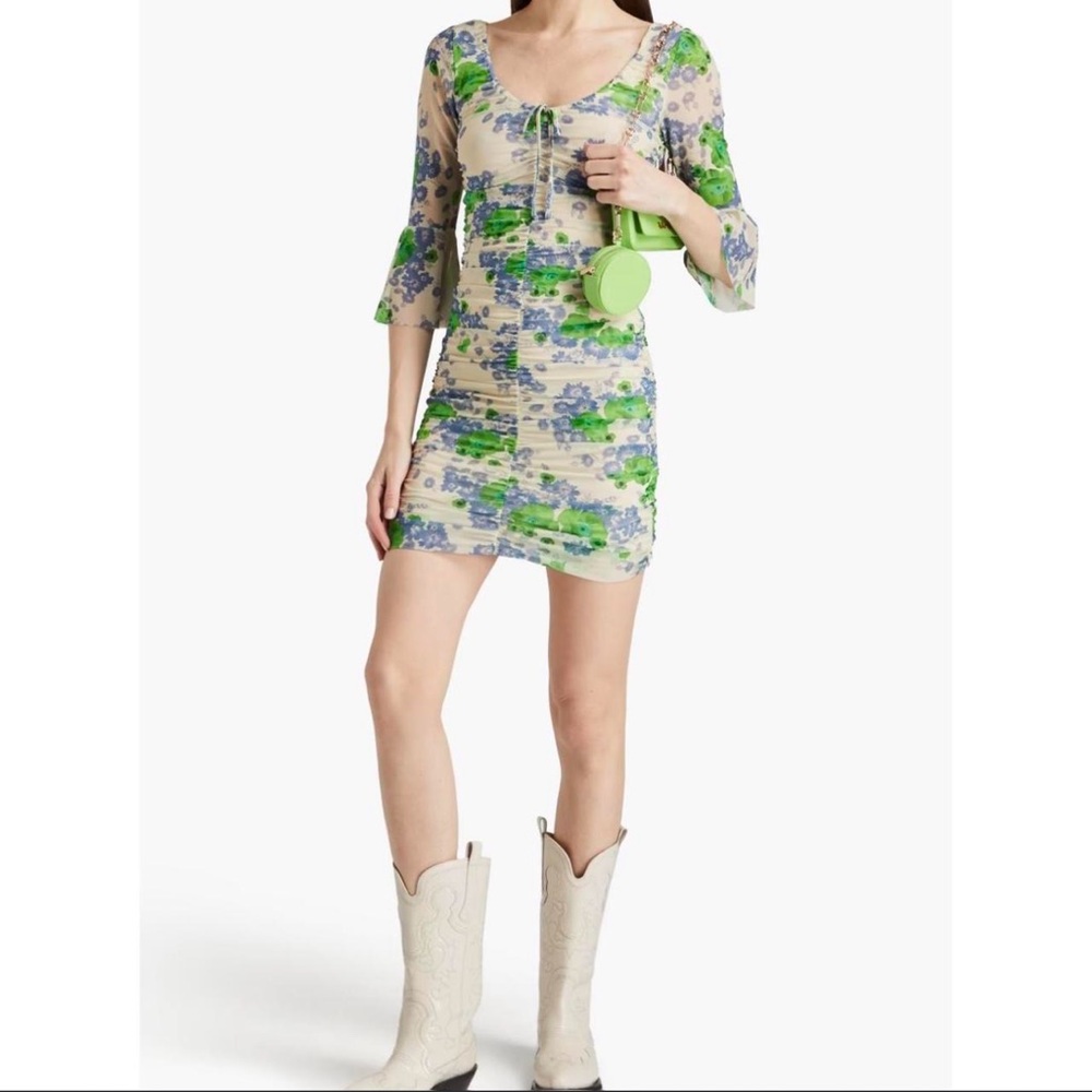 Ganni Cream Mini Dress with Green and Blue Floral Motif